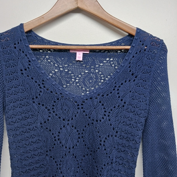 Lilly Pulitzer Crochet Top Women Size XS Navy Blue Long Sleeve 100% Cotton - Picture 2 of 8
